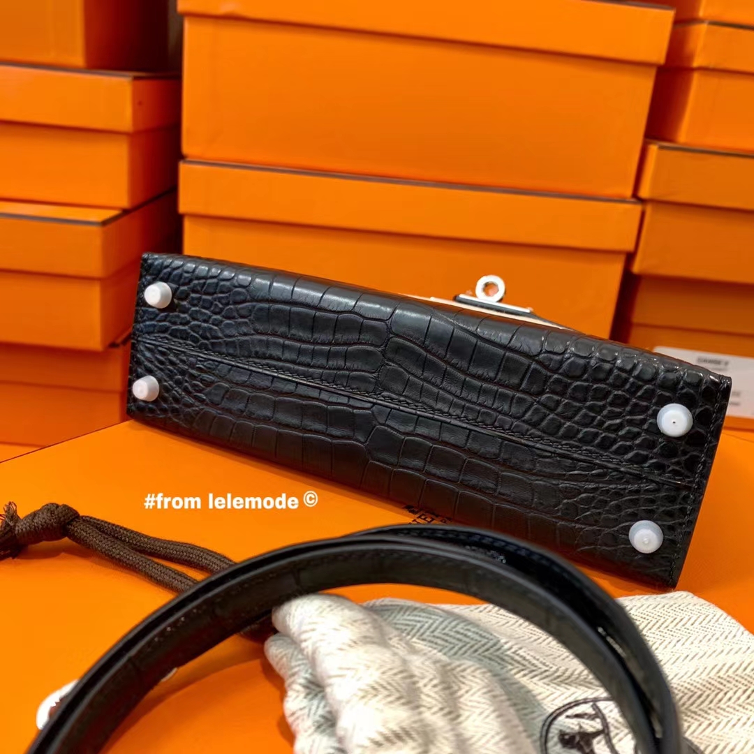 Hermès（爱马仕）Minikelly 迷你凯莉 二代 Nior 89黑色 原厂美洲鳄鱼 方块级别 雾面