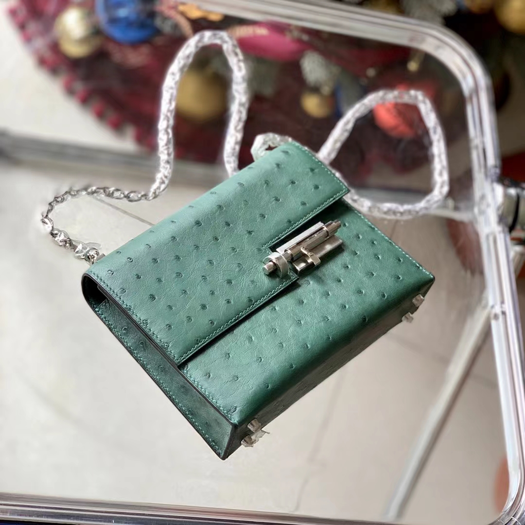 Hermès（爱马仕）Verrou 插销包 原厂鸵鸟皮 英国绿 银扣 18cm