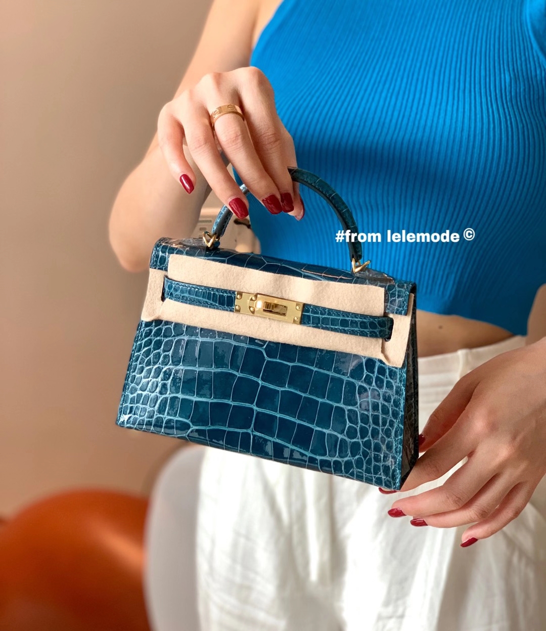 Hermès（爱马仕）Minikelly 迷你凯莉包 19cm 二代 鸭子蓝 1P 原厂美洲鳄鱼 方块级别 金扣