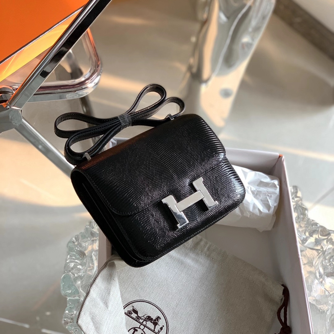 Hermès（爱马仕）Constance 康斯坦斯 黑色 原厂印尼蜥蜴皮 NIOR 银扣 18cm