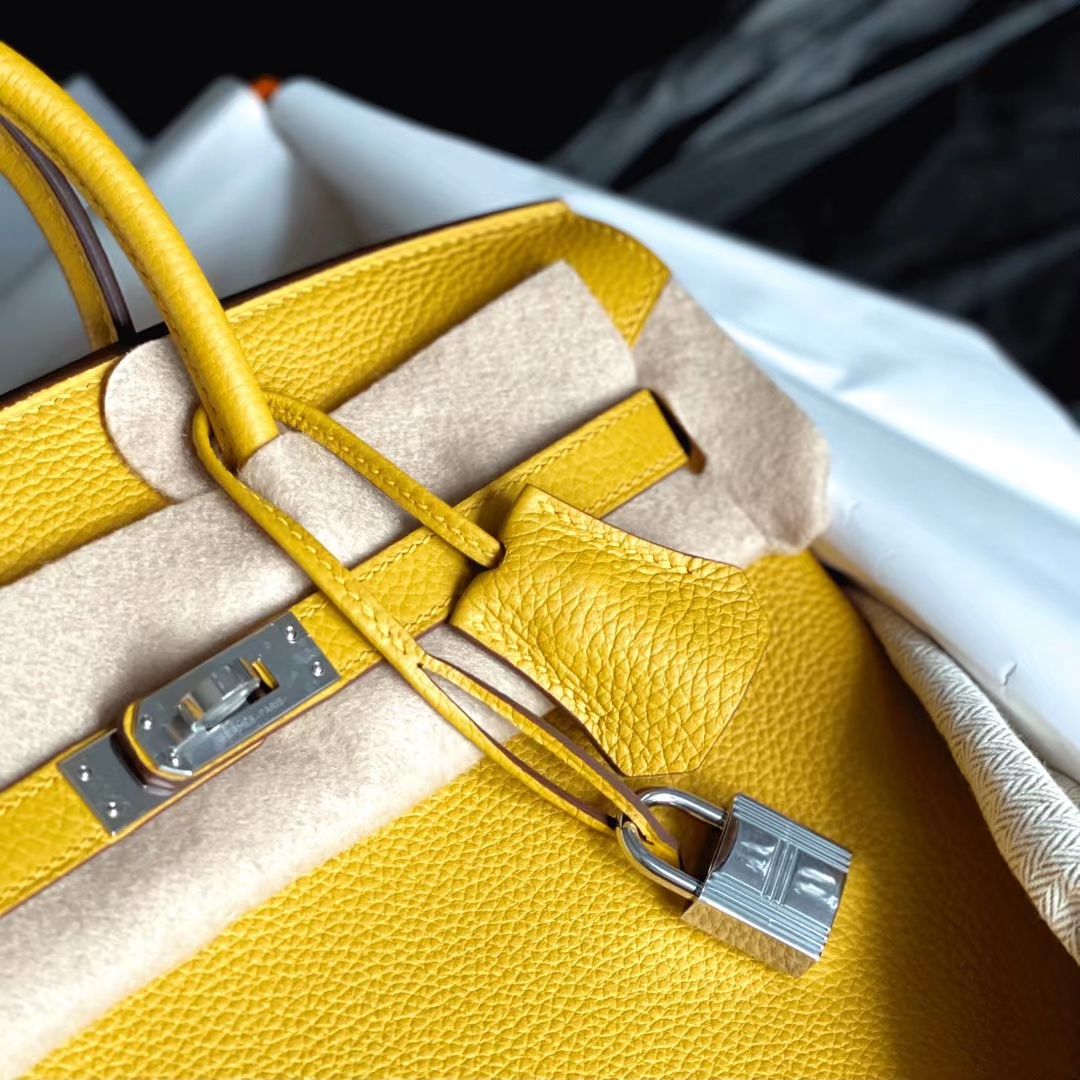 Hermès（爱马仕）Brink 铂金包 Togo皮 9D 琥珀黄 银扣 25cm 全手缝